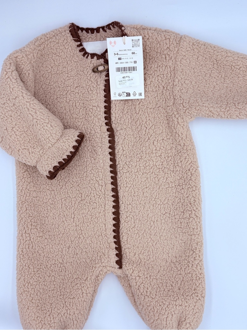 Zara Cream Sherpa Footie with Brown Trim
